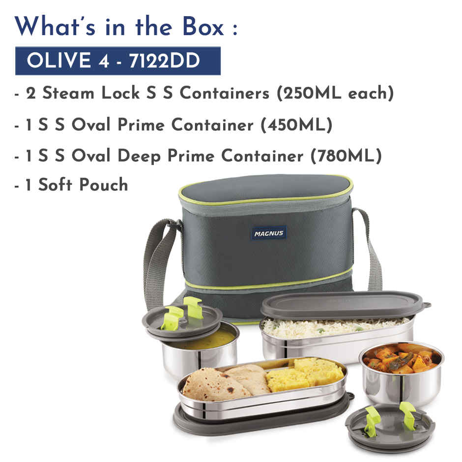 Magnus Olive 4 Lunchbox With Leak-Proof Steel Containers for School with Insulated Bag | 1730 ml