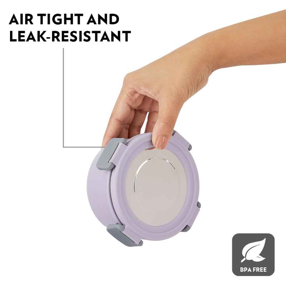 Borosil Glory Lavender Stainless Steel Lunchbox, 3pcs Set (280ml x 2 + 460ml x 1) + 1Bottle