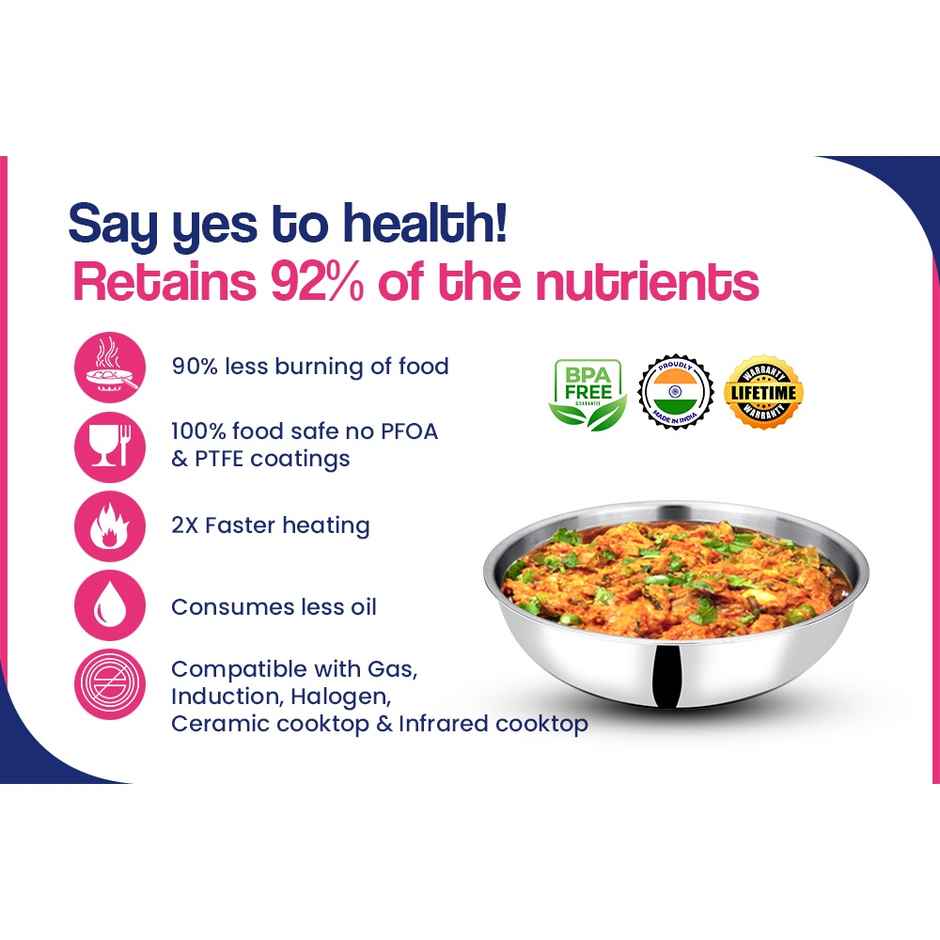 Bhalaria Triply Stainless Steel Tasla | Induction & Gas Stove Compatible | Food Safe | 22 cm | 2 L