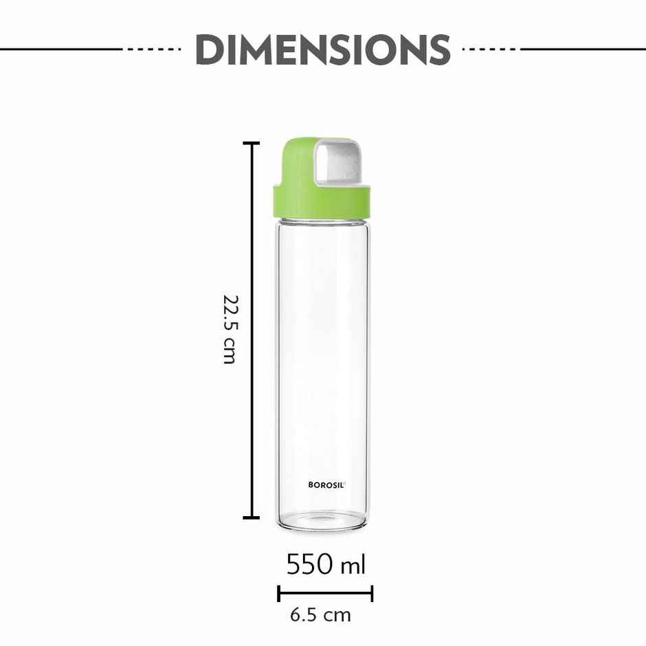 Borosil Borosilicate Neo Glass Water Bottle with Green Lid | Transparent | 550 ml