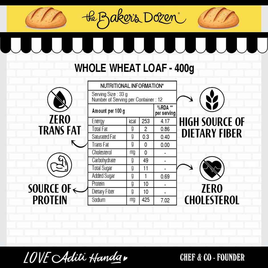 The Baker'S Dozen 100% Whole Wheat Bread - No Palm Oil No Preservative (450g) & The Baker'S Dozen Zero Maida Milk Bread (180g) Combo