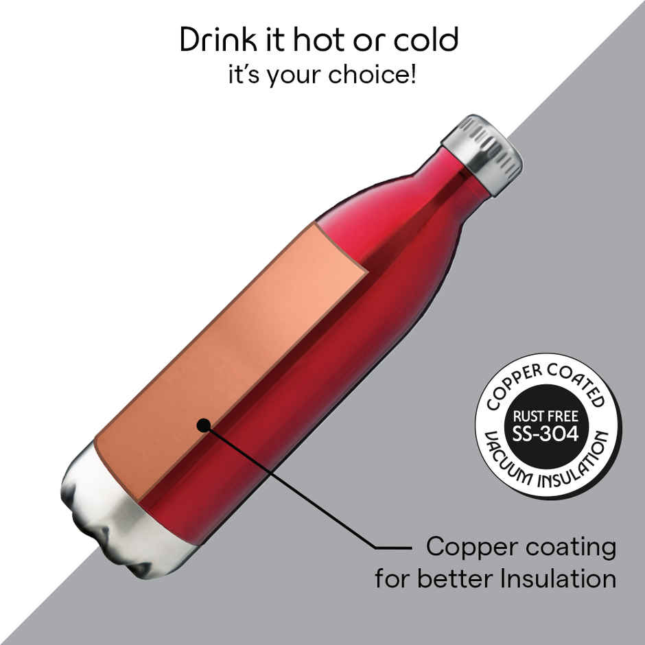 Borosil Bolt Double Wall Vacuum Insulated Stainless Steel Water Bottle | Trans Red | 1 L