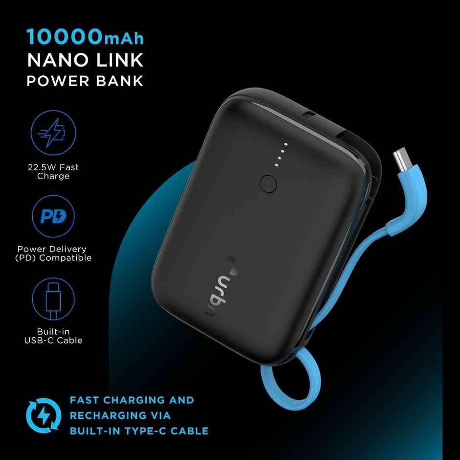 URBN 10000 mAh Nano Link Wired Power Bank with in-Built USB-C Cable| 22.5W Fast Charging | Type C PD (Input& Output) | Made in India | Two Way Fast Charge | for iPhone, Android & More - Black
