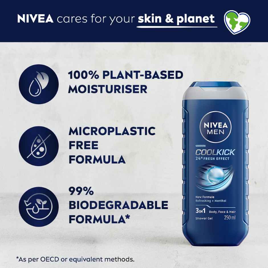 Nivea Men Cool Kick with Refreshing Icy Menthol Shower Gel for Body Face & Hair