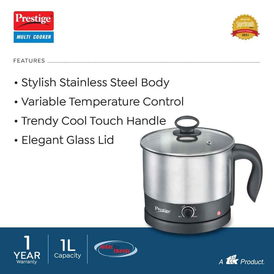 Prestige Multi Cooker Electric Kettle, 600Watt, 1L, Stainless Steel, Pmc 1.0 Plus - Silver