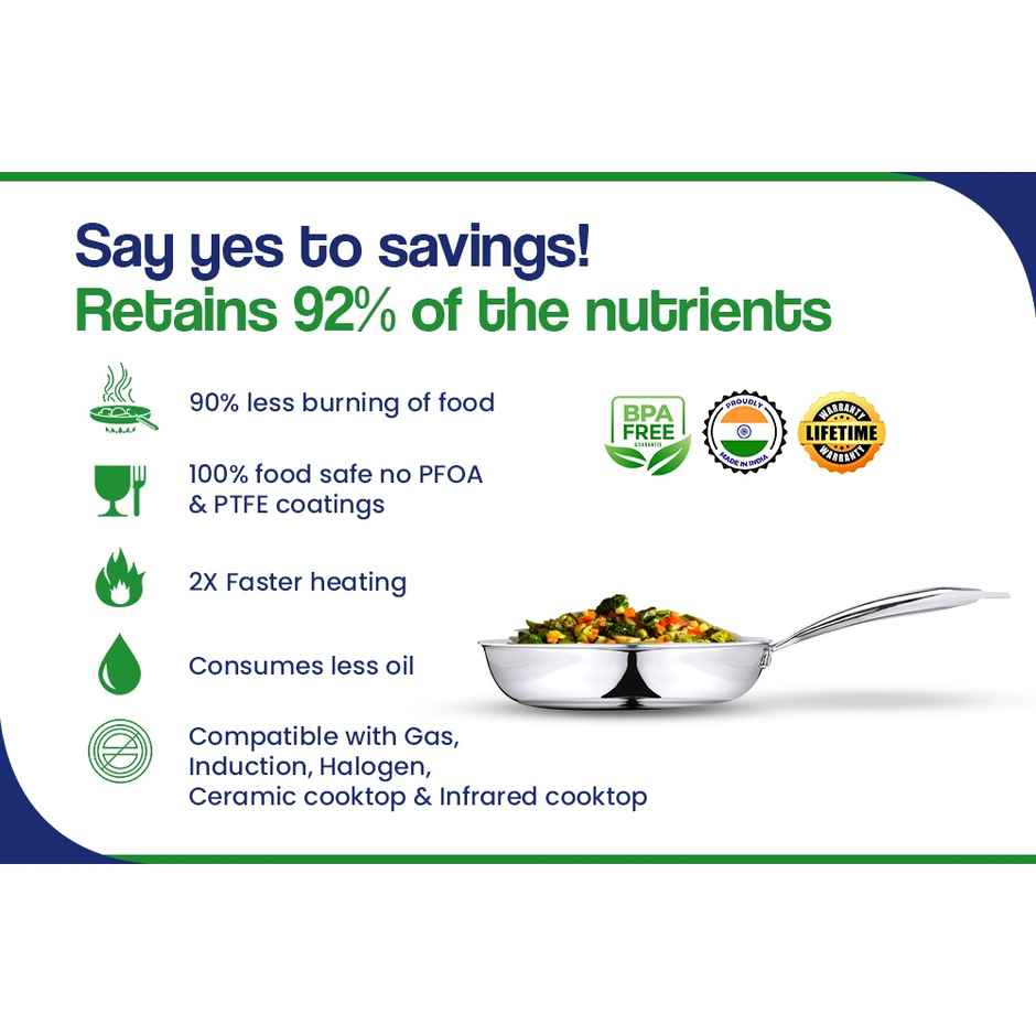 Bhalaria Triply Stainless Steel Fry Pan | Induction & Gas Stove Compatible | 24 cm | 1.5 L