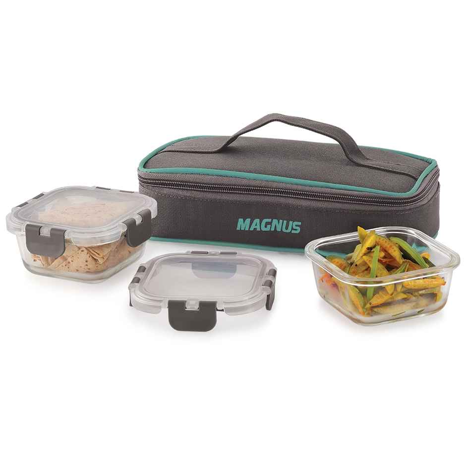Magnus Glock Solid Glass Lunch Box | Flat Pouch & 2 Square Microwave Safe Containers | 320ml Each