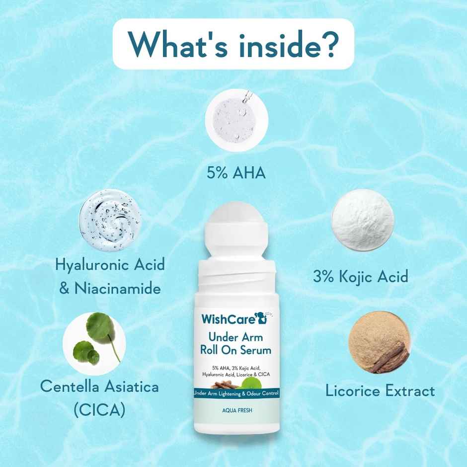 Wishcare Under Arm Roll On Serum - 5% Aha 3% Kojic Acid - Underarm Lightening & Odour Control -Aqua