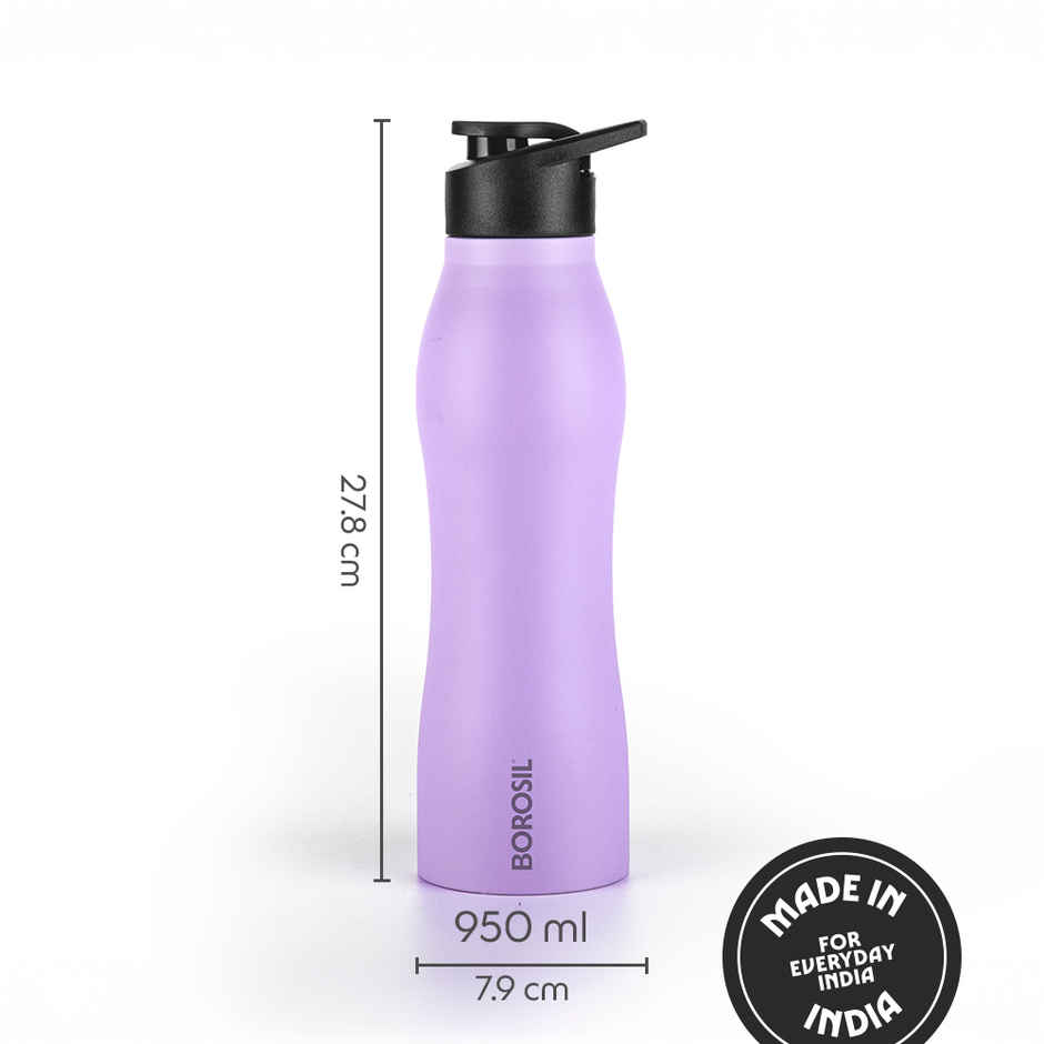 Borosil Grip Go BIS Approved Single Wall Stainless Steel Water Bottle | Purple | 950 ml
