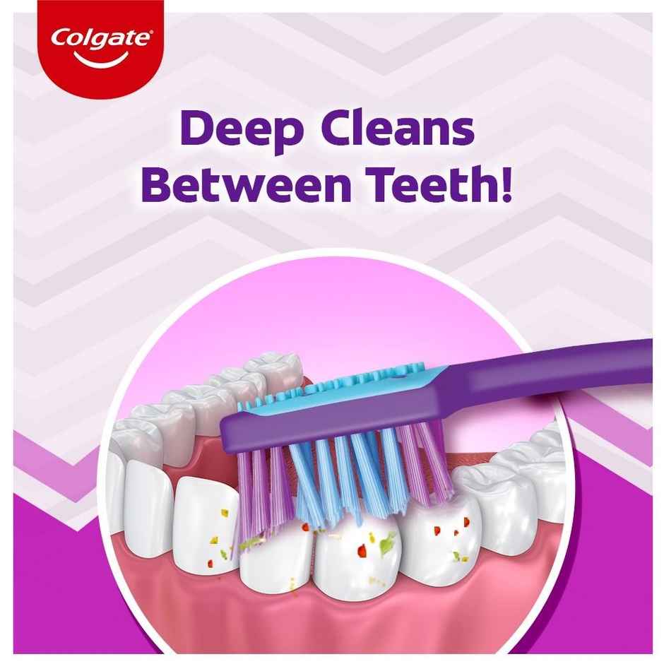 Colgate Zigzag Medium Bristle Toothbrush, Compact Brush Head For Deep & Complete Cleansing (3pc) & Colgate Visible White Purple Toothpaste | Color-Corrects Yellow Tones (120g) Combo