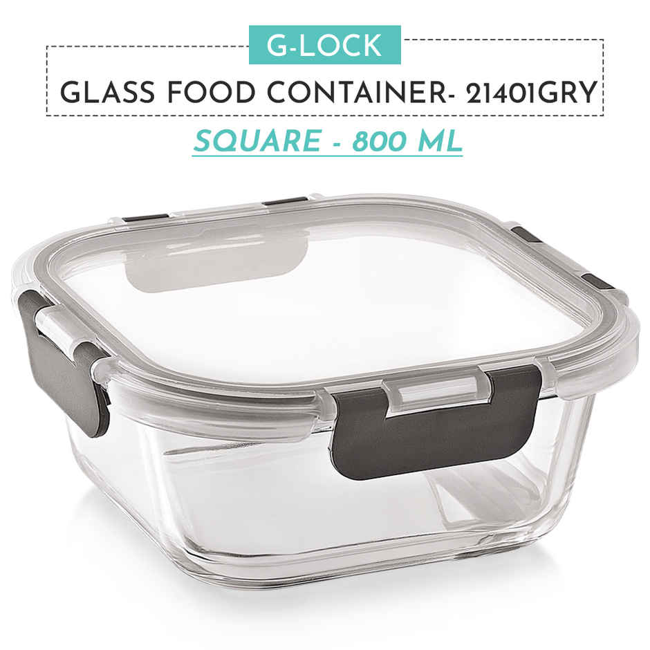 Magnus Glock 800 ml Square Grey Container with Airtight Lid & Detachable Lock, Borosilicate Glass