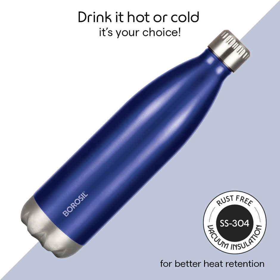 Borosil Bolt Double Wall Vacuum Insulated Stainless Steel Water Bottle | Trans Blue | 500 ml
