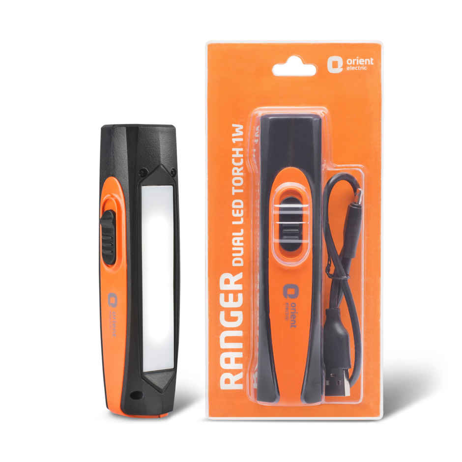 Orient Electric Ranger Dual Light LED Torch | 600 mAh Li Ion Battery | 13cm,Orange and Black