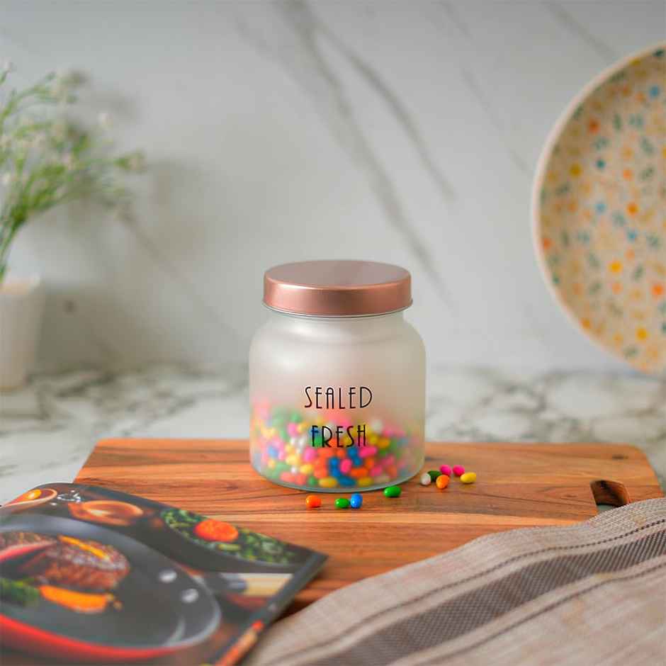 Femora Kitchen Storage Jars Frosted Glass Jar With Steel Lid Air Tight Jar | 700 ml | Golden Lid