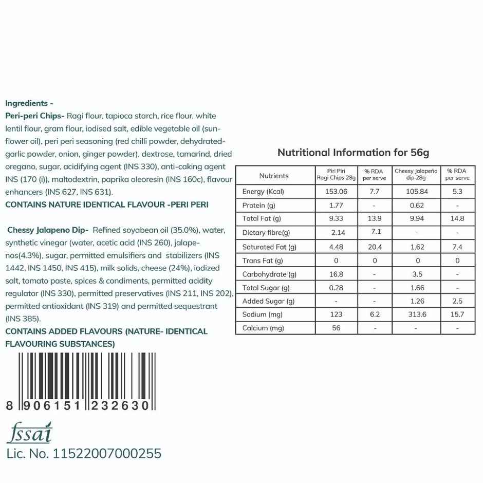 Snackible Piri Piri Ragi Chips | with Cheesy Jalapeno Dip | High Fibre