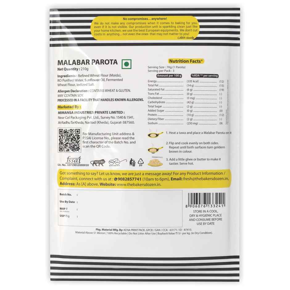 The Baker'S Dozen Zero Palm Oil Malabar Parota | Wheat Paratha | Ready To Eat | Ready To Cook (210g) & The Baker'S Dozen Zero Maida Butter Garlic Toast Baked Snack No Palm Oil No Preservatives 100% Wholewheat (90g) Combo 