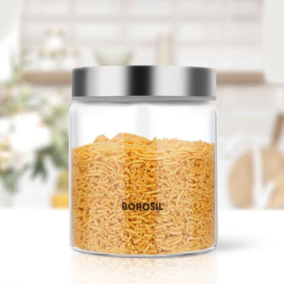 Borosil 600 ml Endura Glass Jar With Air-Tight Steel Lid, Kitchen Storage Container