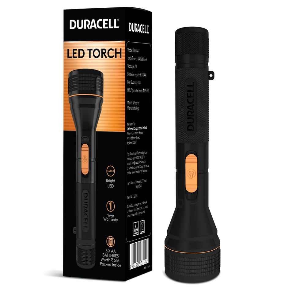 Duracell LED Torch Light | Super Bright | 12000 LUX | Ultra-Light & Large Reflector | 3AA Batteries | Black