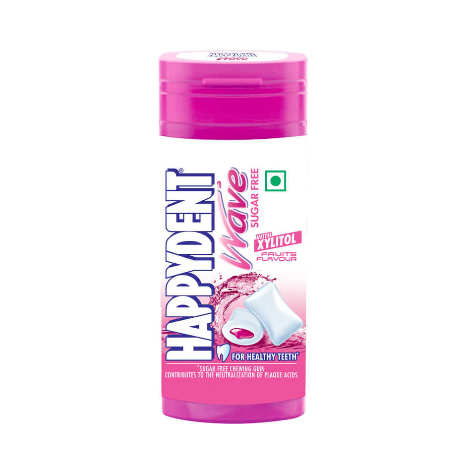 Happydent Wave, Xylitol Sugarfree Fruits Flavour, Chewing Gum Pocket Bottle