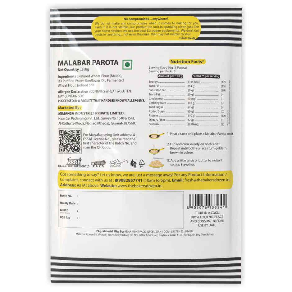 The Baker's Dozen Zero Palm Oil Malabar Parota | Wheat Paratha | Ready to Eat | Ready to Cook