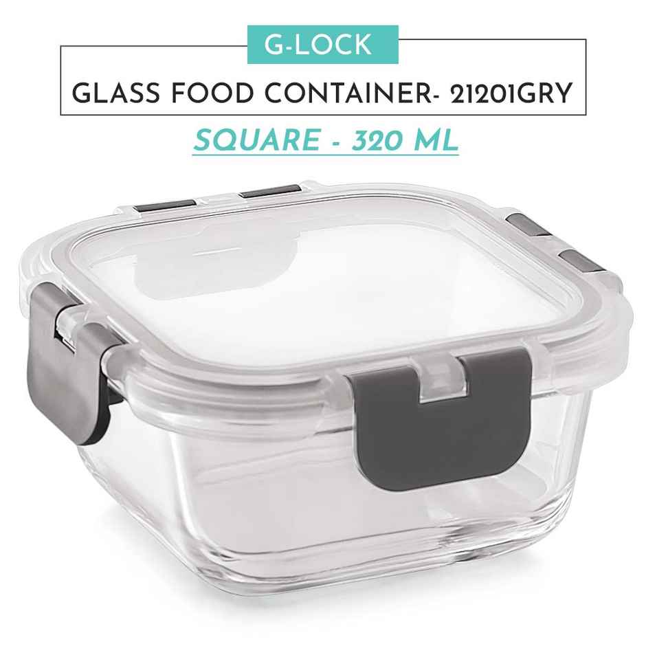 Magnus Glock 320 ml Square Grey Container with Airtight Lid & Detachable Lock, Borosilicate Glass