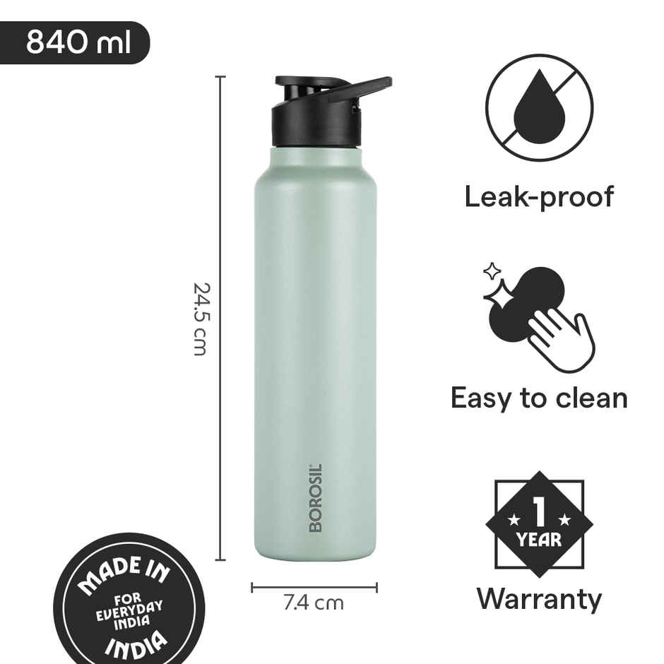 Borosil Sipfresh BIS Approved Single Wall Stainless Steel Water Bottle | Mint | 840 ml