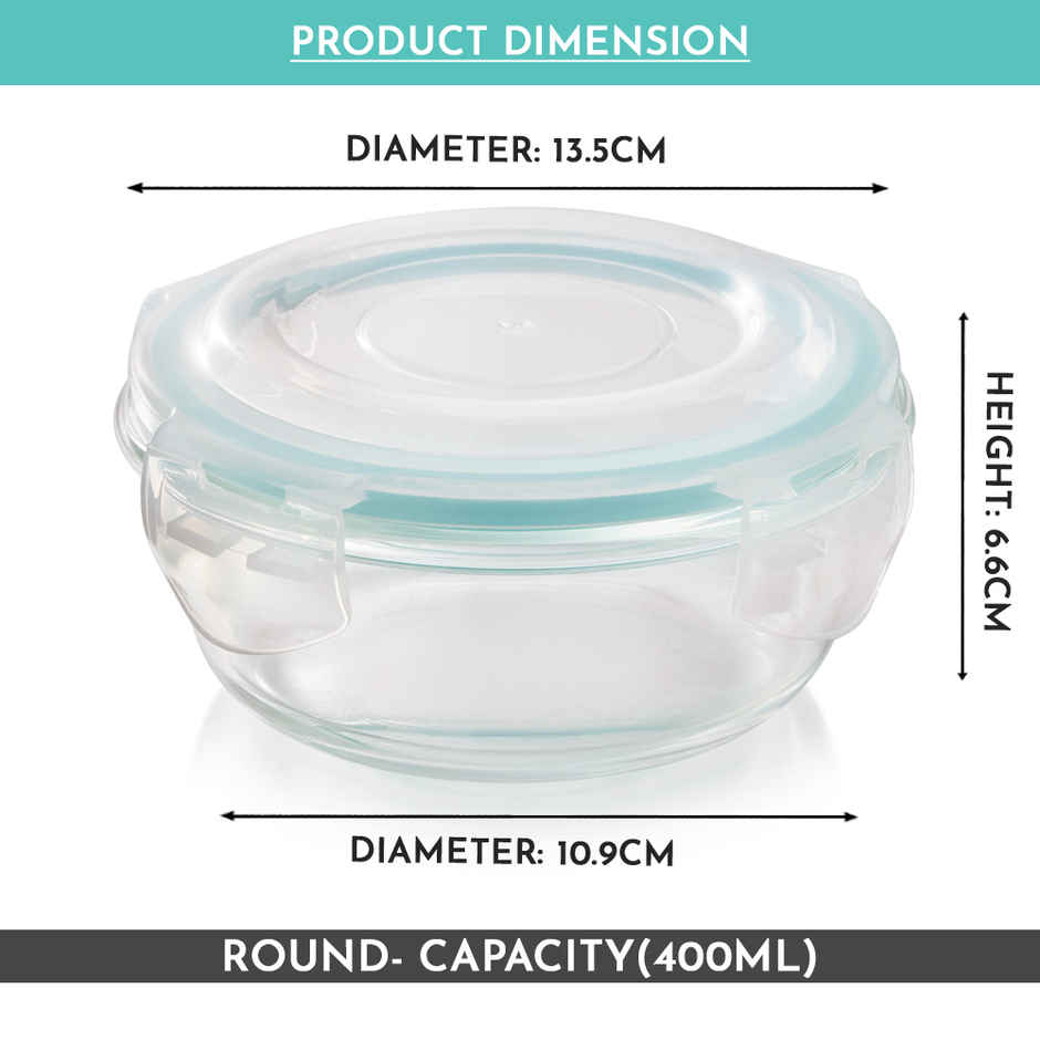 Magnus Vivid 400 ml Round Container with Airtight Lid & Fixed Lock, Borosilicate Glass