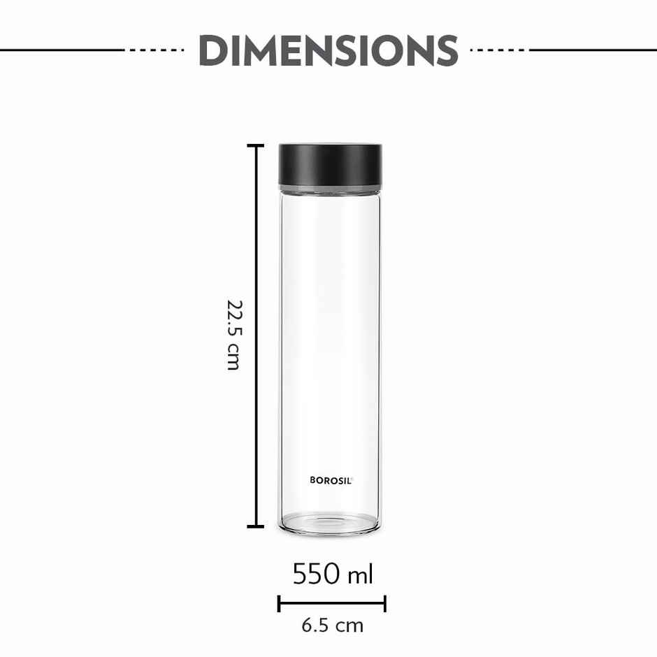 Borosil Borosilicate Glass Neo Water Bottle with Stainless Steel Lid | Silver | 550 ml