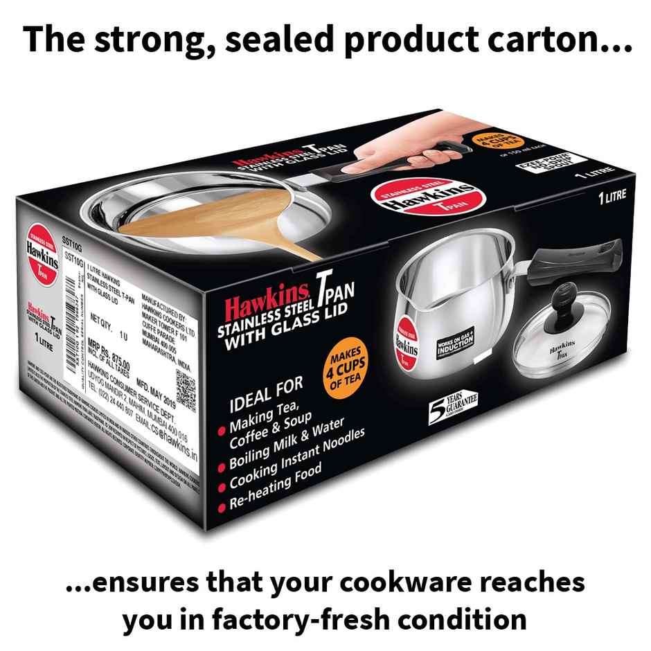 Hawkins 1 Litre Tpan Stainless Steel Tea Pan With Glass Lid Induction Sauce Chai Pan Small - Silver