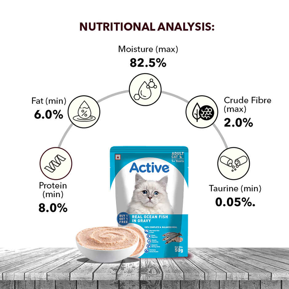 Active Adult Cat Wet Food, Real Ocean Fish in Gravy, 8 Pouches ( Buy 1 Get 1 Free)