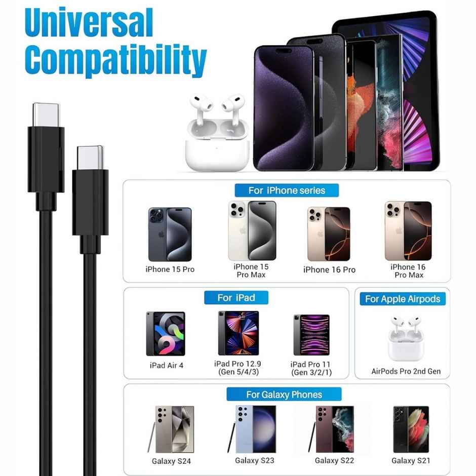 Roarx 45w / 25W Type C to C Cable for Samsung Phones & Type C Devices |1M| Black