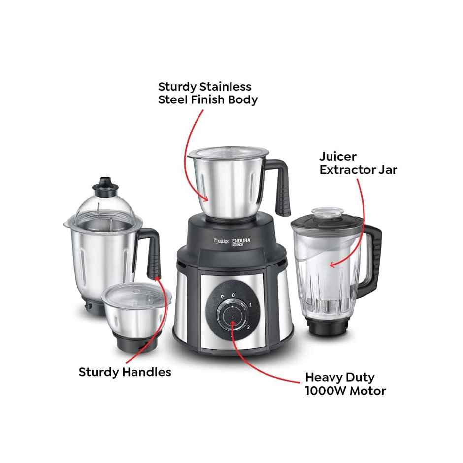 Prestige Endura Mixer Grinder | 1000W | 3 SS Jars + 1 Jucier Jar | SS Body - Black & Silver