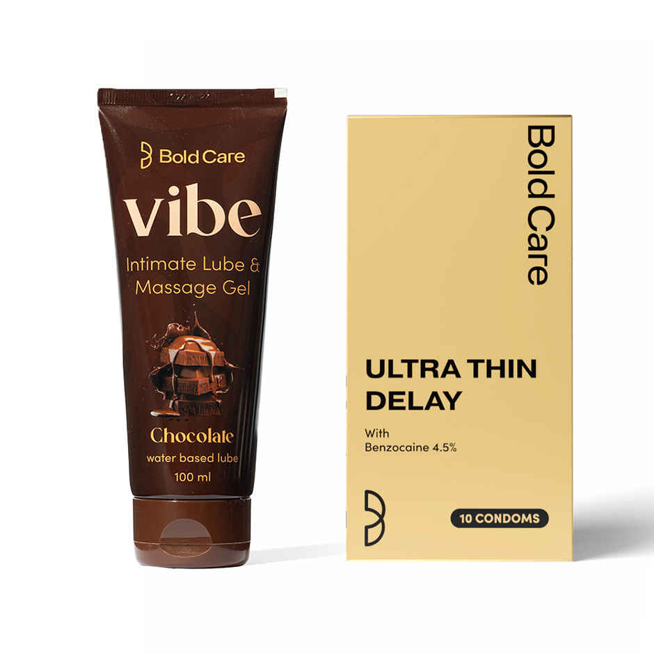 Bold Care Ultra Thin Delay Condoms With Benzocaine 4.5% (10pc) & Bold Care Vibe - Chocolate Flavoured Water-Based Intimate Lube (100ml) Combo