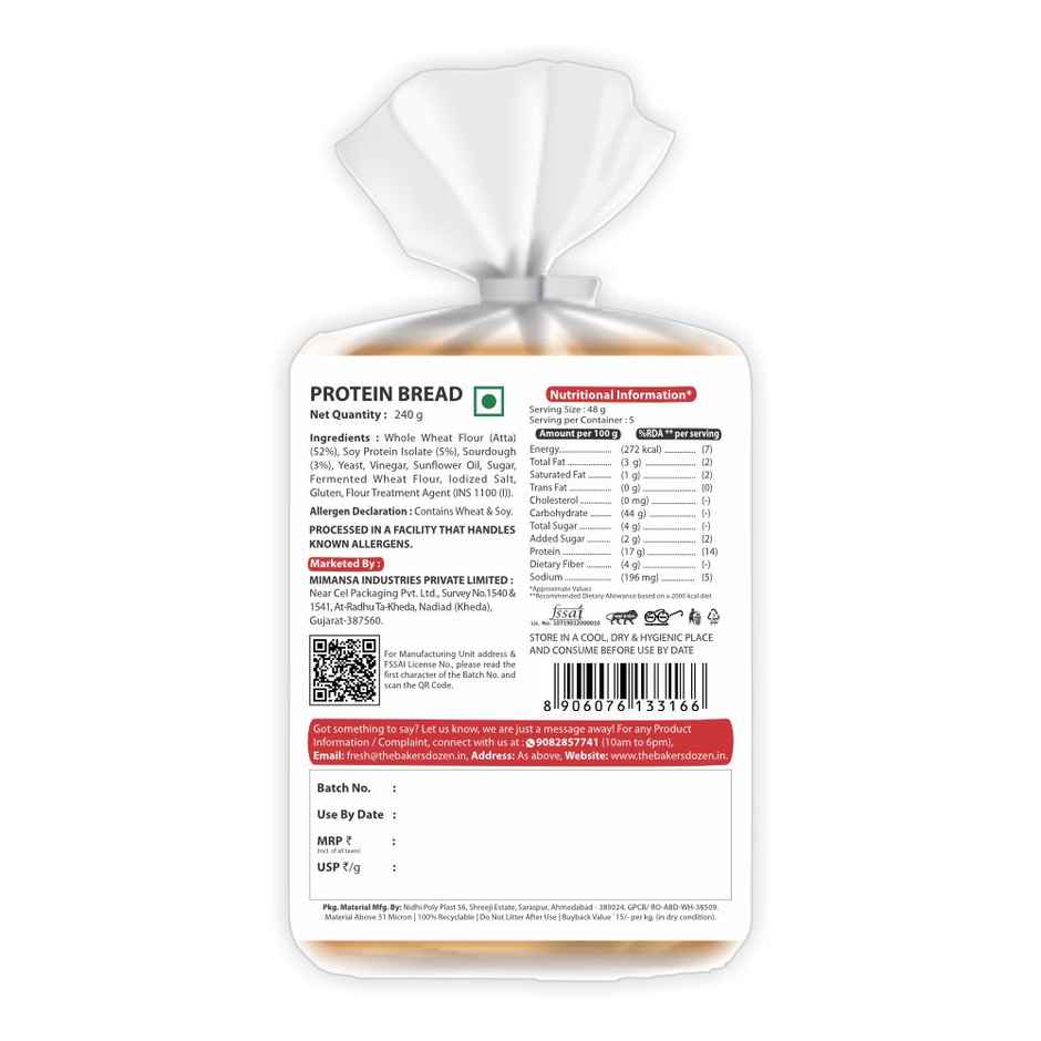 The Baker's Dozen Zero Maida Protein Bread | 40g Protein | Whole wheat | Atta Bread | Sourdough