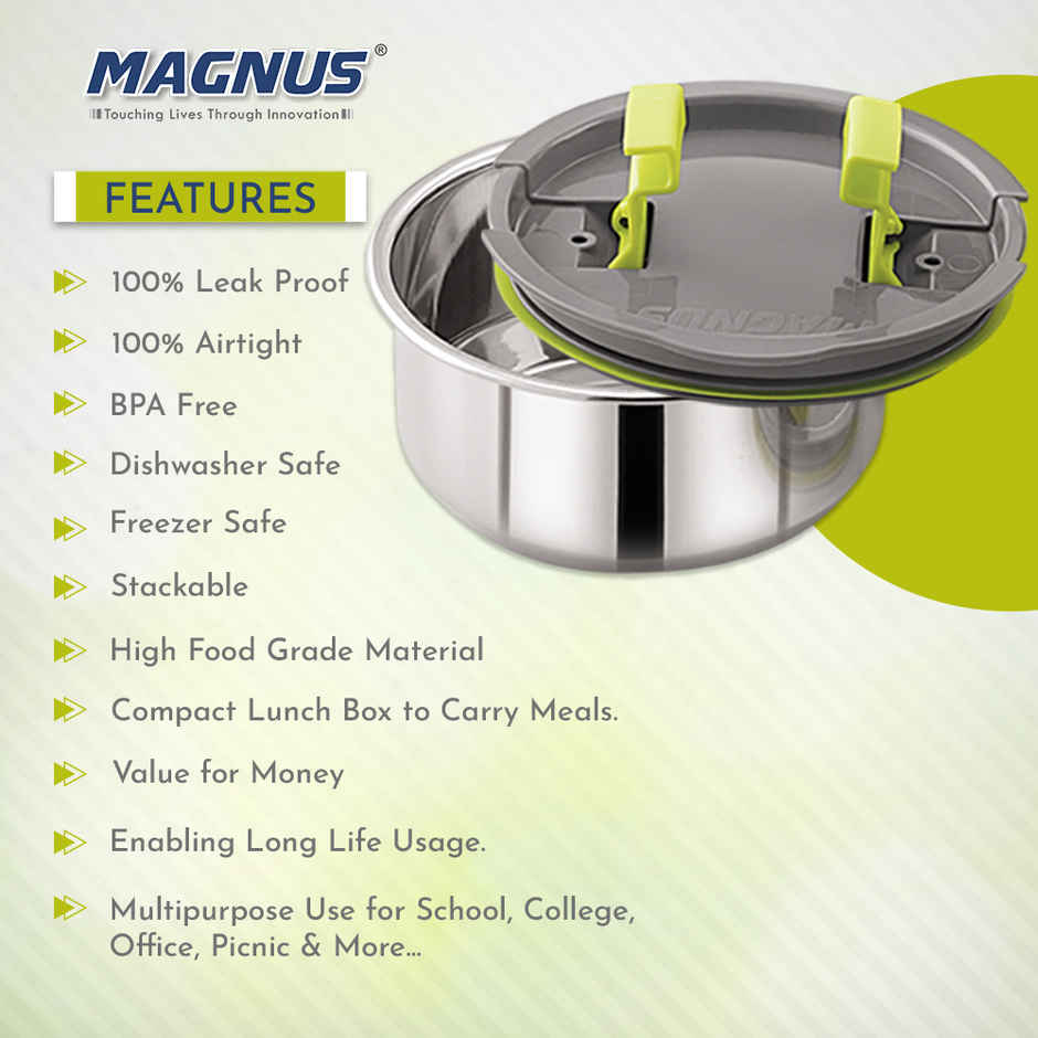 Magnus Olive 3 Lunch Box Set Leak-Proof Steel Containers for School with Insulated Bag (950 ml)