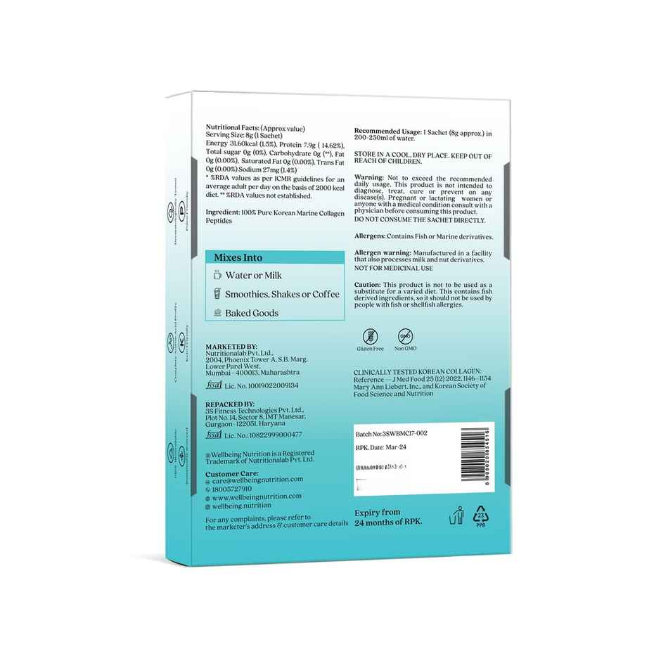 Wellbeing Nutrition Pure Korean Marine Collagen Supplements Unflavored 6 Sachets