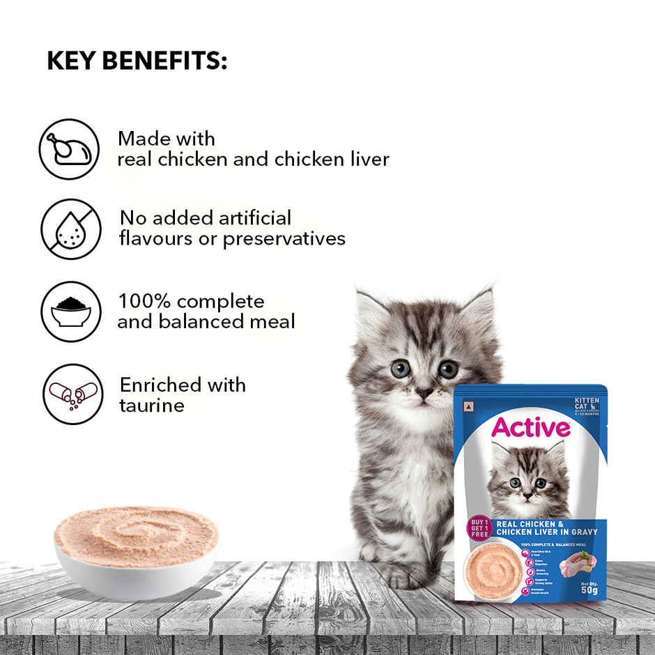 Active Kitten Wet Food, Real Chicken in Gravy, 8 Pouches (Buy 1 Get 1 Free)