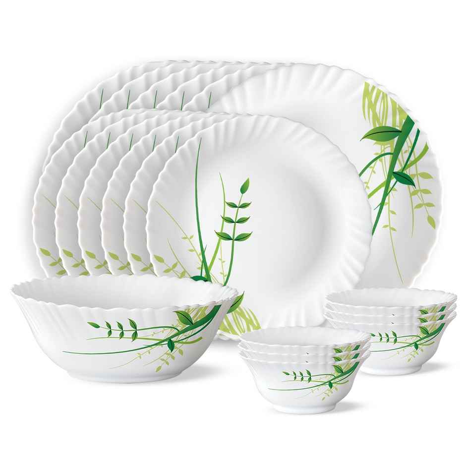 Larah By Borosil Green Herbs 19Pc Dinner Set Opalware Crockery For Dining & Gifting - White