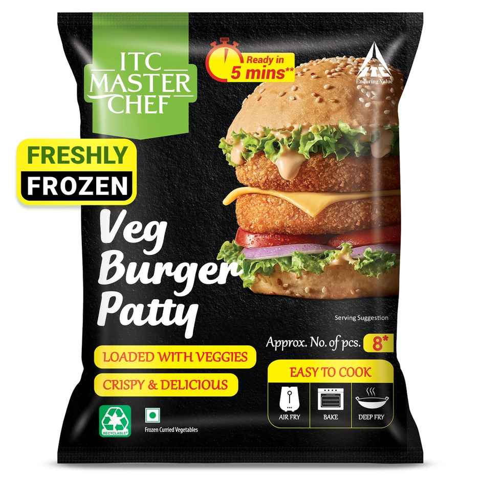 Itc Master Chef Veg Burger Patty | Loaded With Veggies | Crispy & Delicious | 8 Pieces (430g) & The Health Factory Zero Maida Burger Bun | Clean Label - Not Brown (120g) Combo