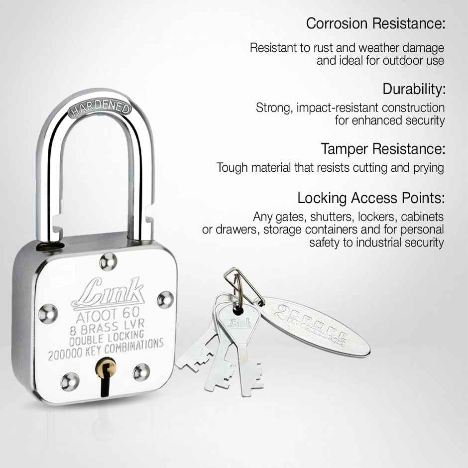 Link Stainless steel Brass Levers With Hardened Shackle Atoot 60 mm padlock with 3 Keys