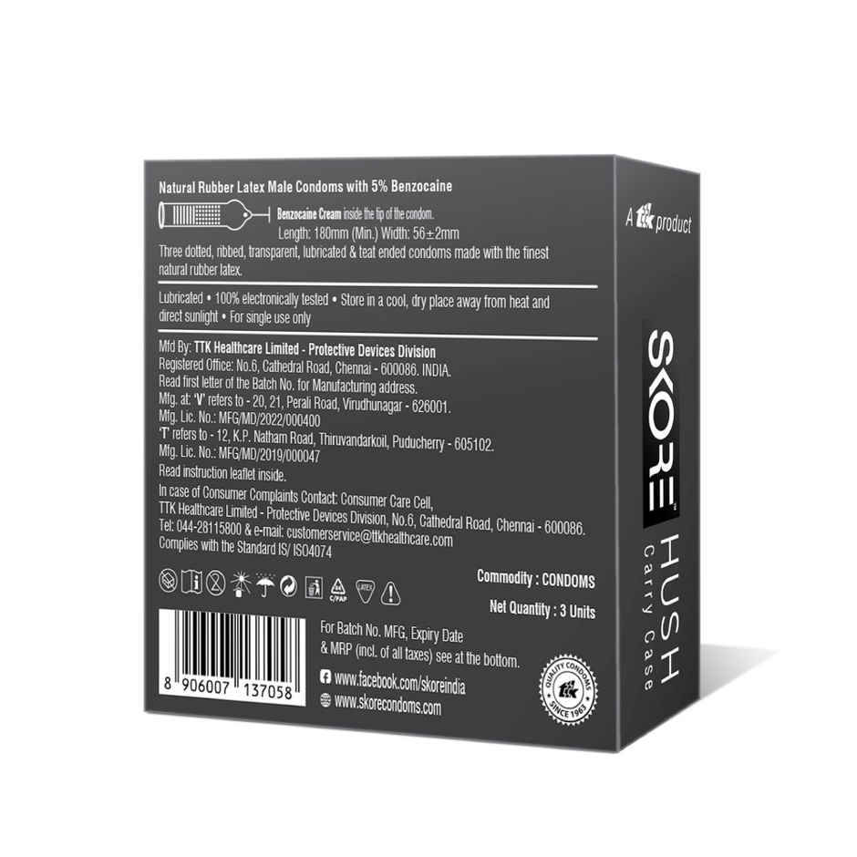 Skore Hush Dotted & Ribbed Climax delay Condom with Carry Case