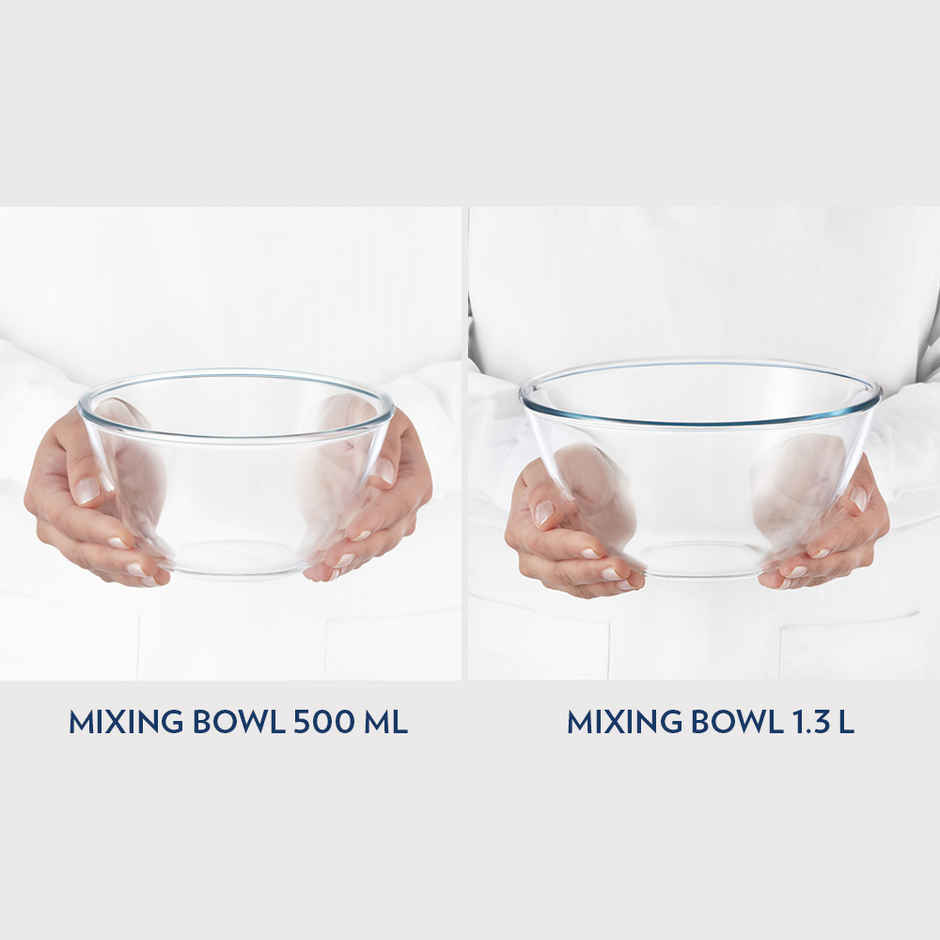 Borosil Mixing Bowl Set (500 ml + 1.3 L)| Borosilicate Glass | Microwave & Dishwasher Safe