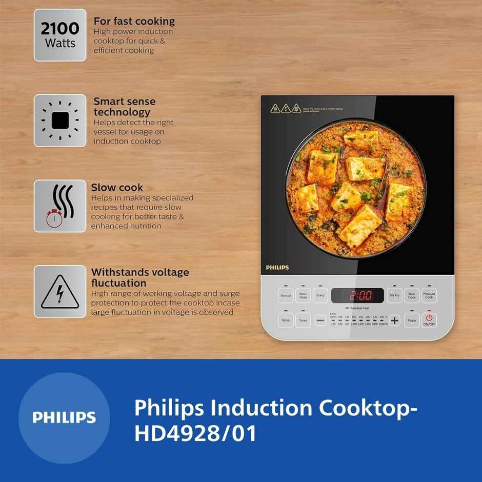 Philips Viva Collection HD4928/01 2100-Watt Induction Cooktop, Soft Touch Button with Crystal Glass - Black