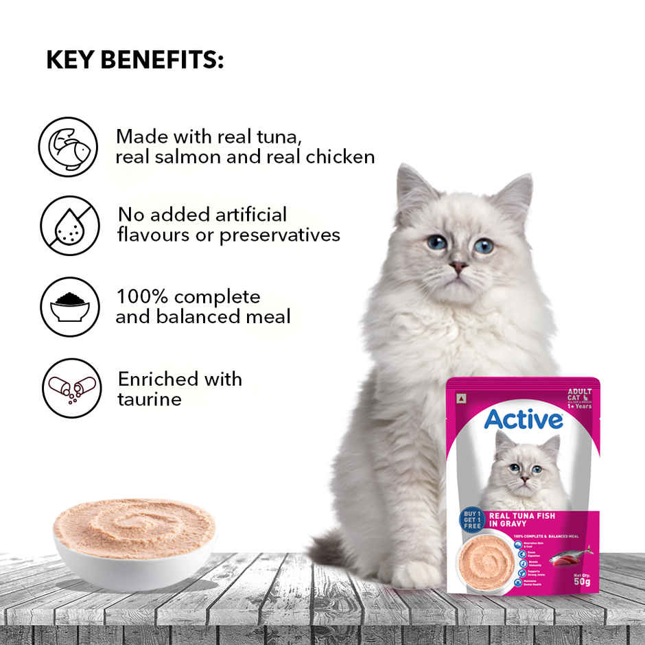 Active Adult Cat Wet Food, Real Tuna in Gravy, 8 Pouches (Buy 1 Get 1 Free)