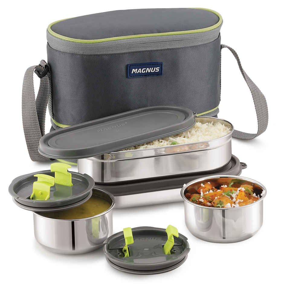 Magnus Olive 4 Lunchbox With Leak-Proof Steel Containers for School with Insulated Bag | 1730 ml