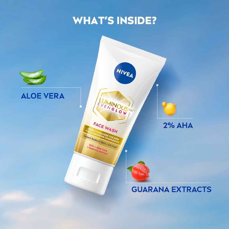 NIVEA Luminous Even Glow Face wash | Oil free formula, AHA, Aloe vera, Guarana Extract | Deep clean