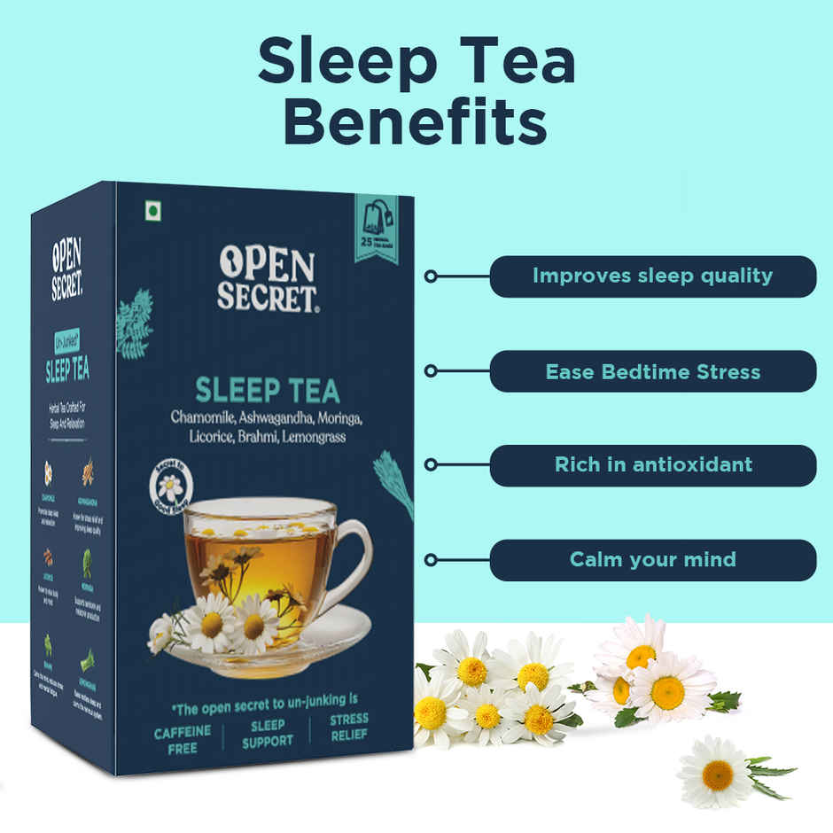 Open Secret Herbal Sleep Tea 25 bags - Chamomile Ashwagandha Moringa for Stress Relief weight loss