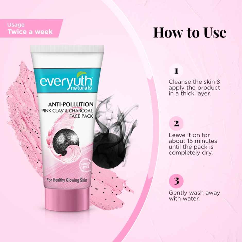 Everyuth Naturals Anti Pollution Pink Clay & Charcoal Face Pack | For all skin types (Oily/ Dry)