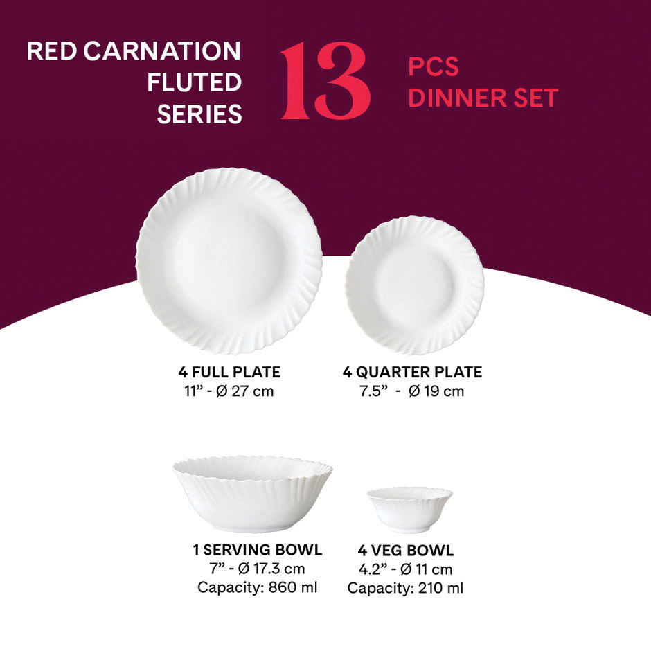 Larah By Borosil Red Carnation 13Pc Dinner Set Opalware Crockery For Dining & Gifting - White