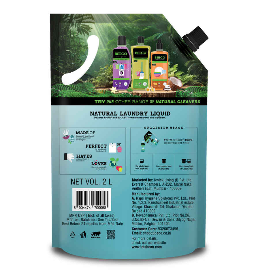 Beco Top Load Laundry Detergent Liquid Refill (2L) & Beco Eco-Friendly Dishwash Liquid (750ml) Combo